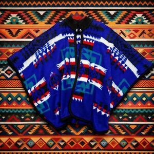 Inca Andes Acrylic Blend Poncho Cape Southwestern Blue Geometric Button Neck